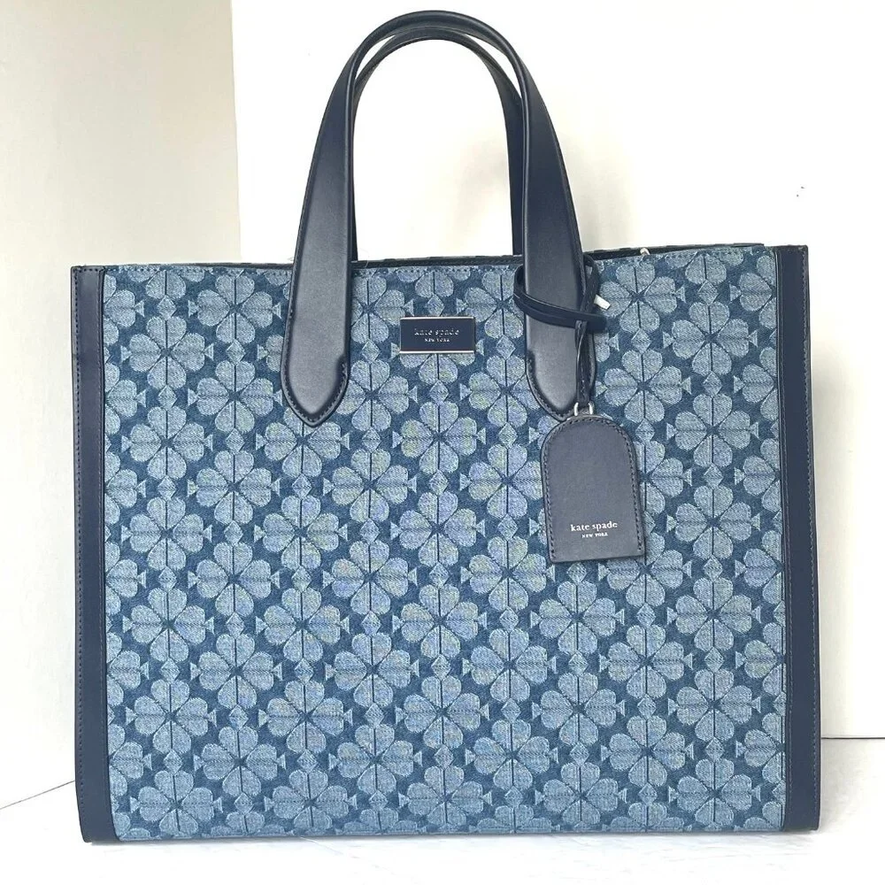 Kate Spade Jacquard Denim Large Manhattan Tote Bag Blue Flower Shoulder Strap - Picture 13 of 13